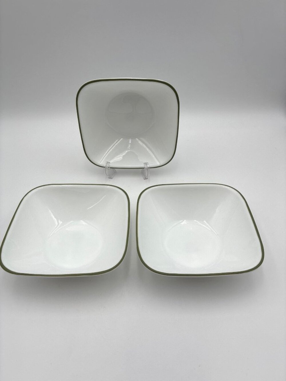 Corelle Set of 3 Square White Soup Cereal Bowls Green Olive Trim 6.25"